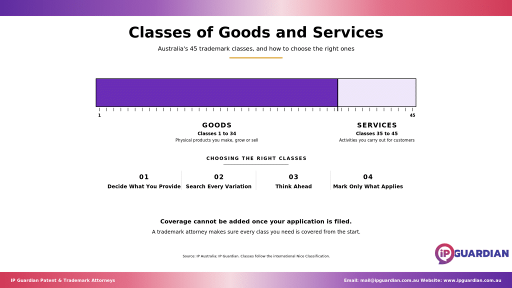 Proportional bar showing Goods classes 1 to 34 and Services classes 35 to 45.